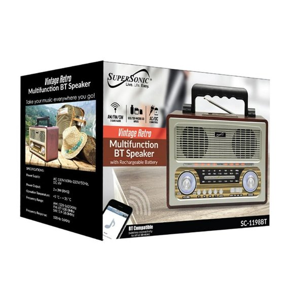 Supersonic SC-1198BT Vintage Retro 3-Band Rechargeable FM Radio +Bluetooth +USB - Picture 3 of 3